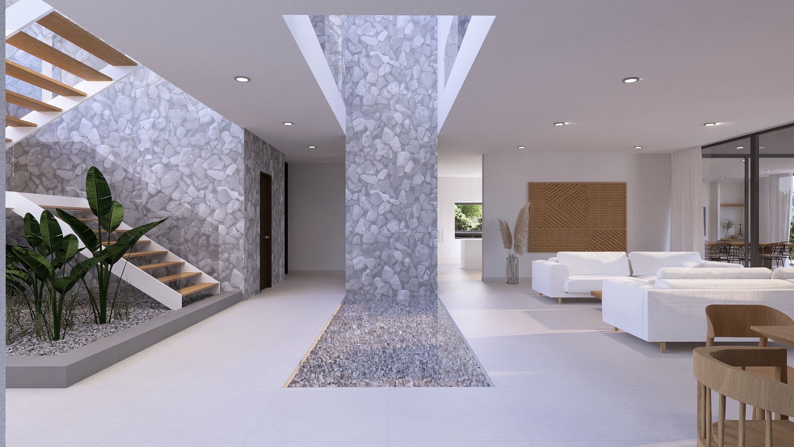 Interior moderno com coluna de pedra e escada flutuante — projeto Casa BF, por Hermann Arquitectos, em Nordelta